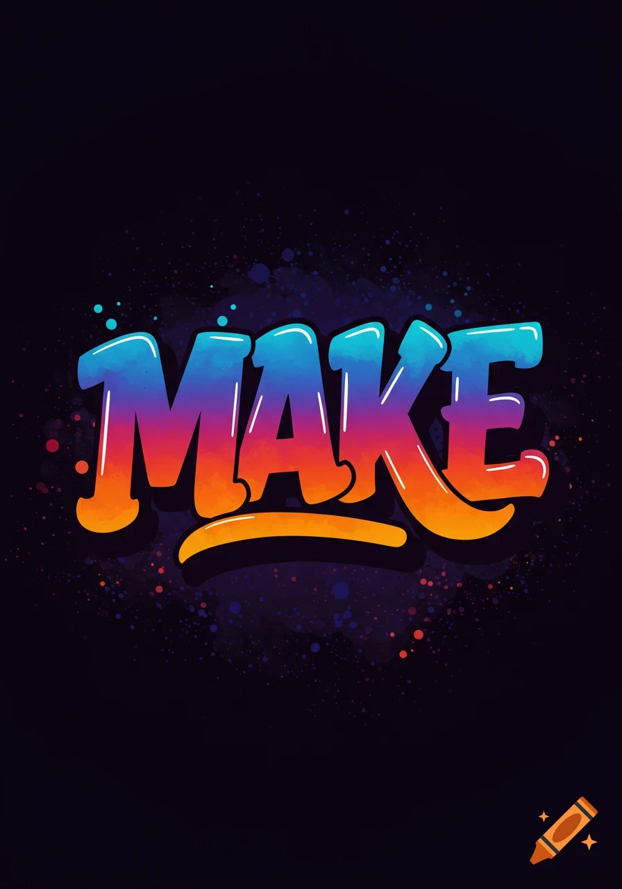 The word MAKE in colorful bubble text graffiti style