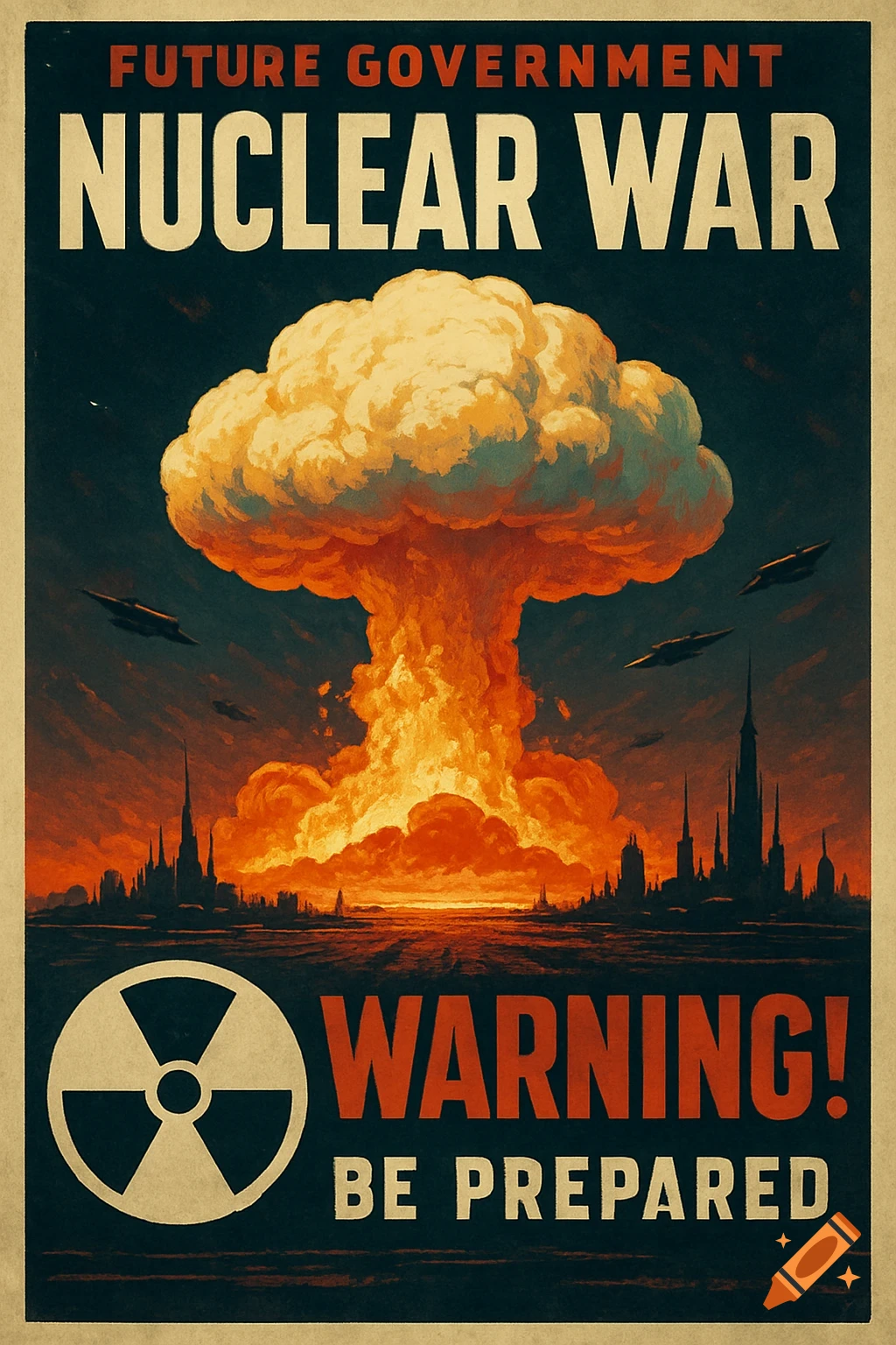 Poster warning about nuclear war, showing a mushroom cloud over a city skyline with futuristic aircraft.