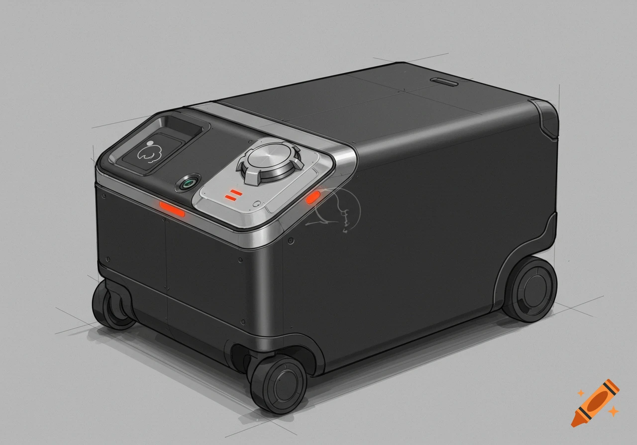 A 3D concept sketch rendering of a black luggage or mobile device with wheels, silver accents, and a control panel with indicators.