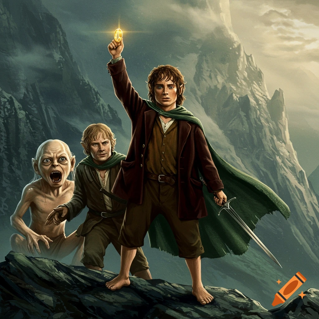 Image of Frodo holding the One Ring aloft, with Samwise and Gollum on a mountain.