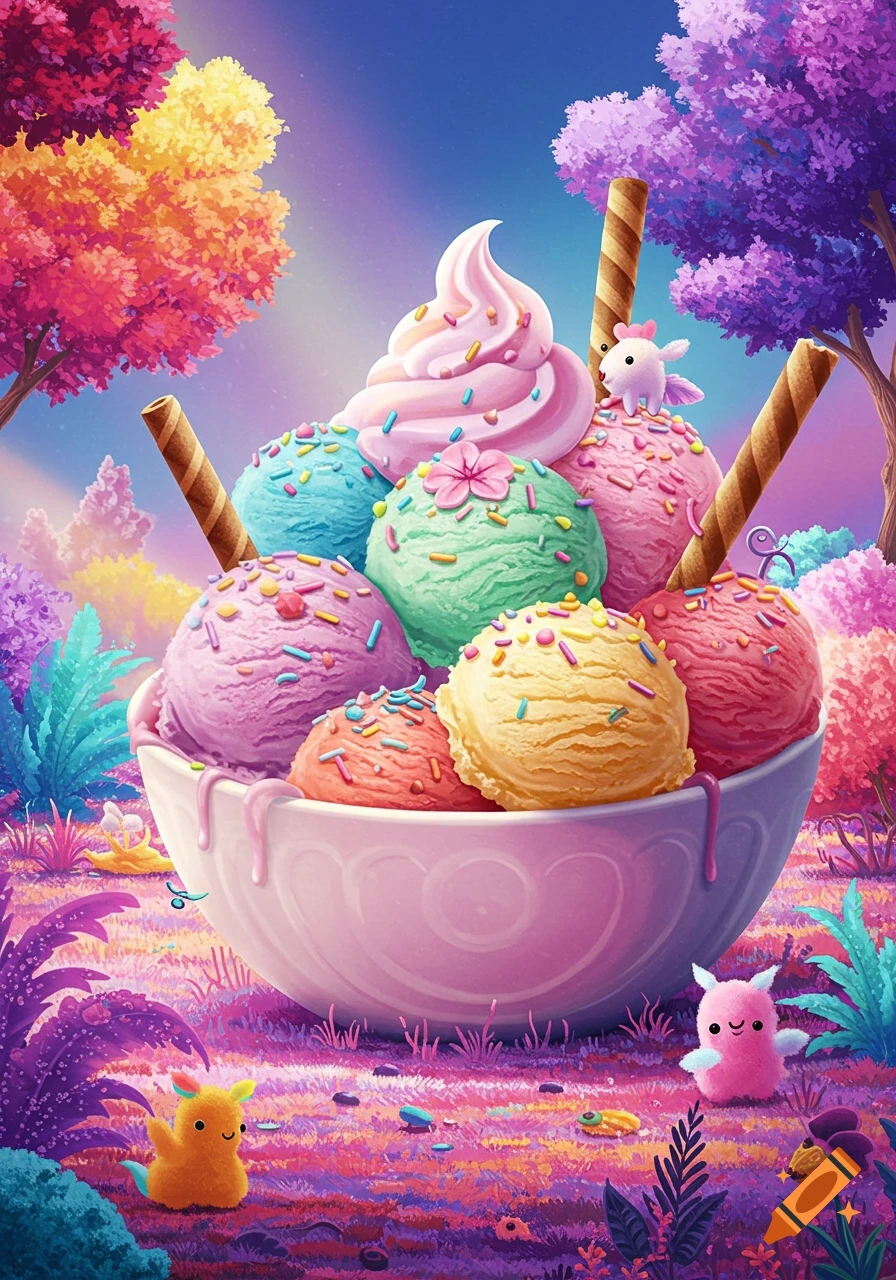 A large bowl of colorful ice cream in a vibrant fantasy landscape with small creatures