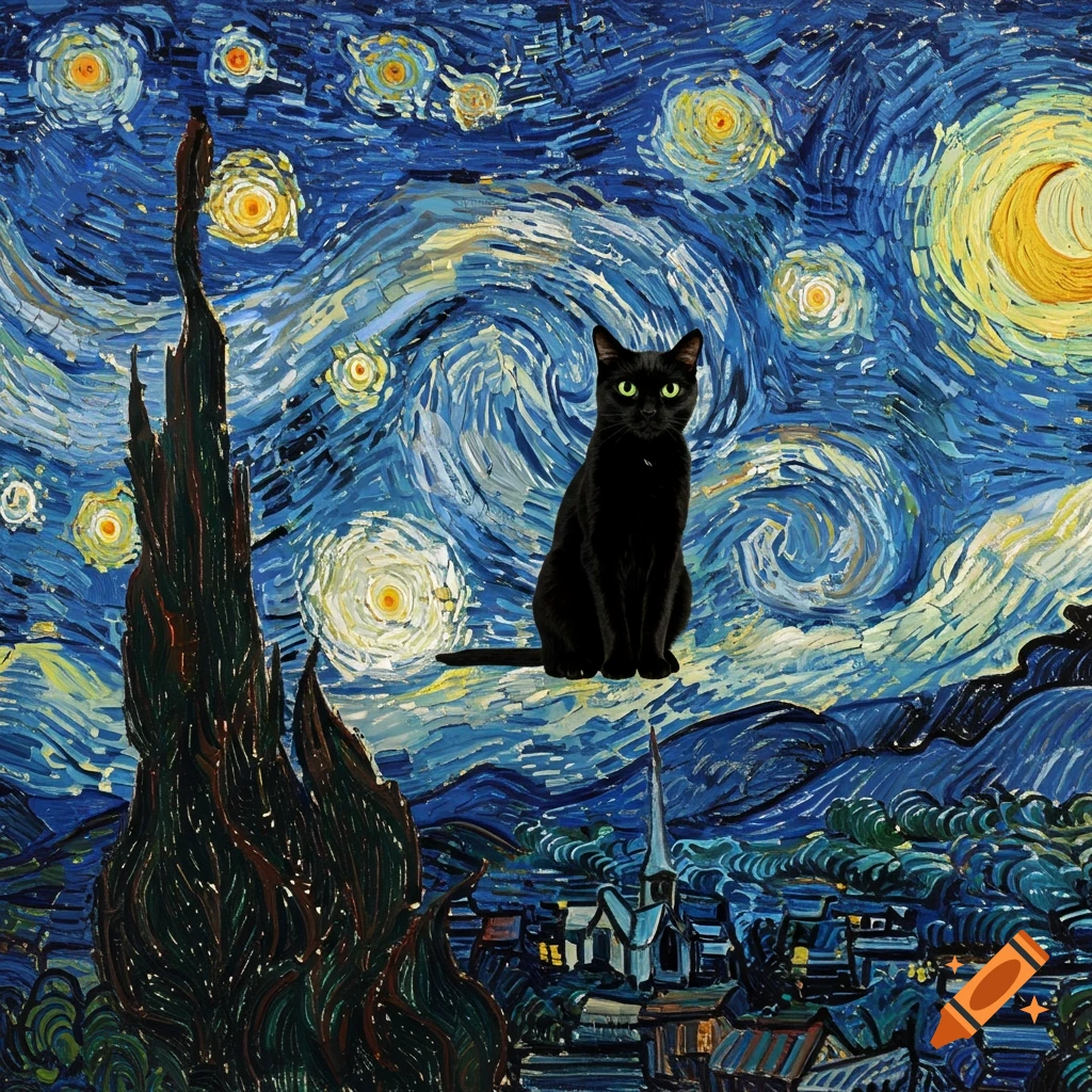 A black cat sits in the foreground of a painting in the style of Van Gogh's Starry Night.