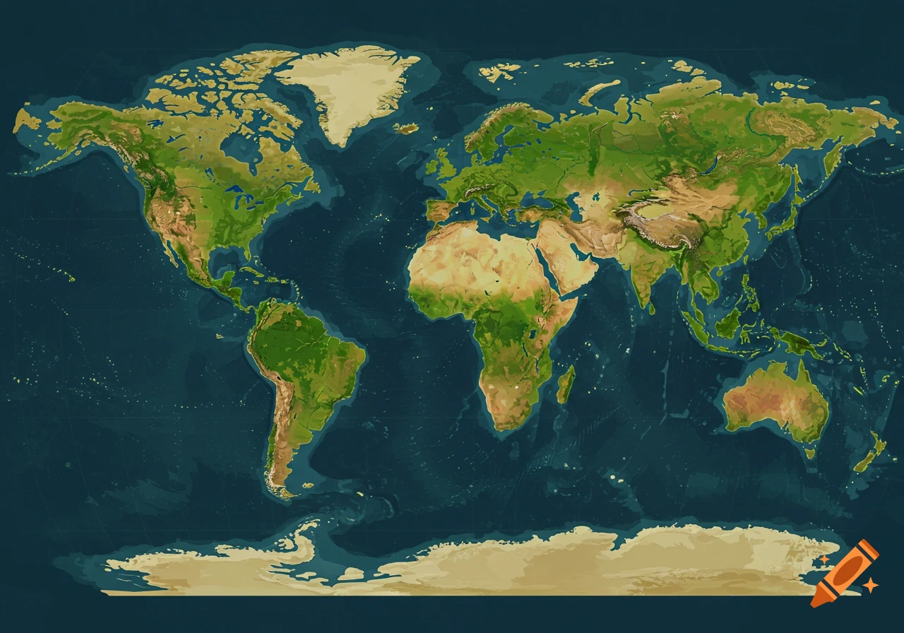 A world map showing continents and oceans.