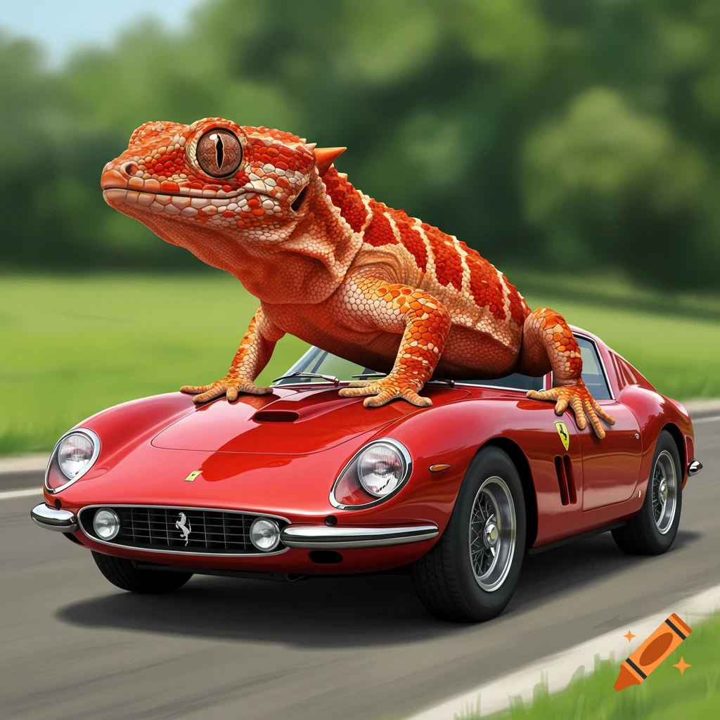 A large orange gecko sits on a red Ferrari sports car on a road, digital painting.