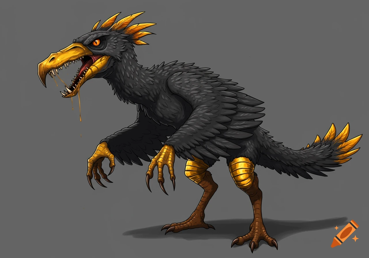A dark feathered creature with a large yellow beak, yellow claws and legs, in a modern comic style.