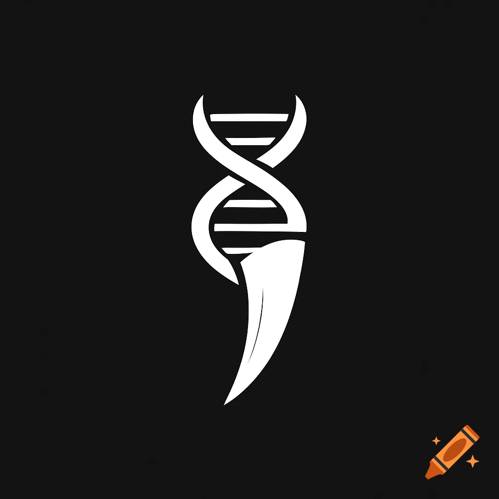 White logo of a DNA helix merging into a sharp tooth on black background.