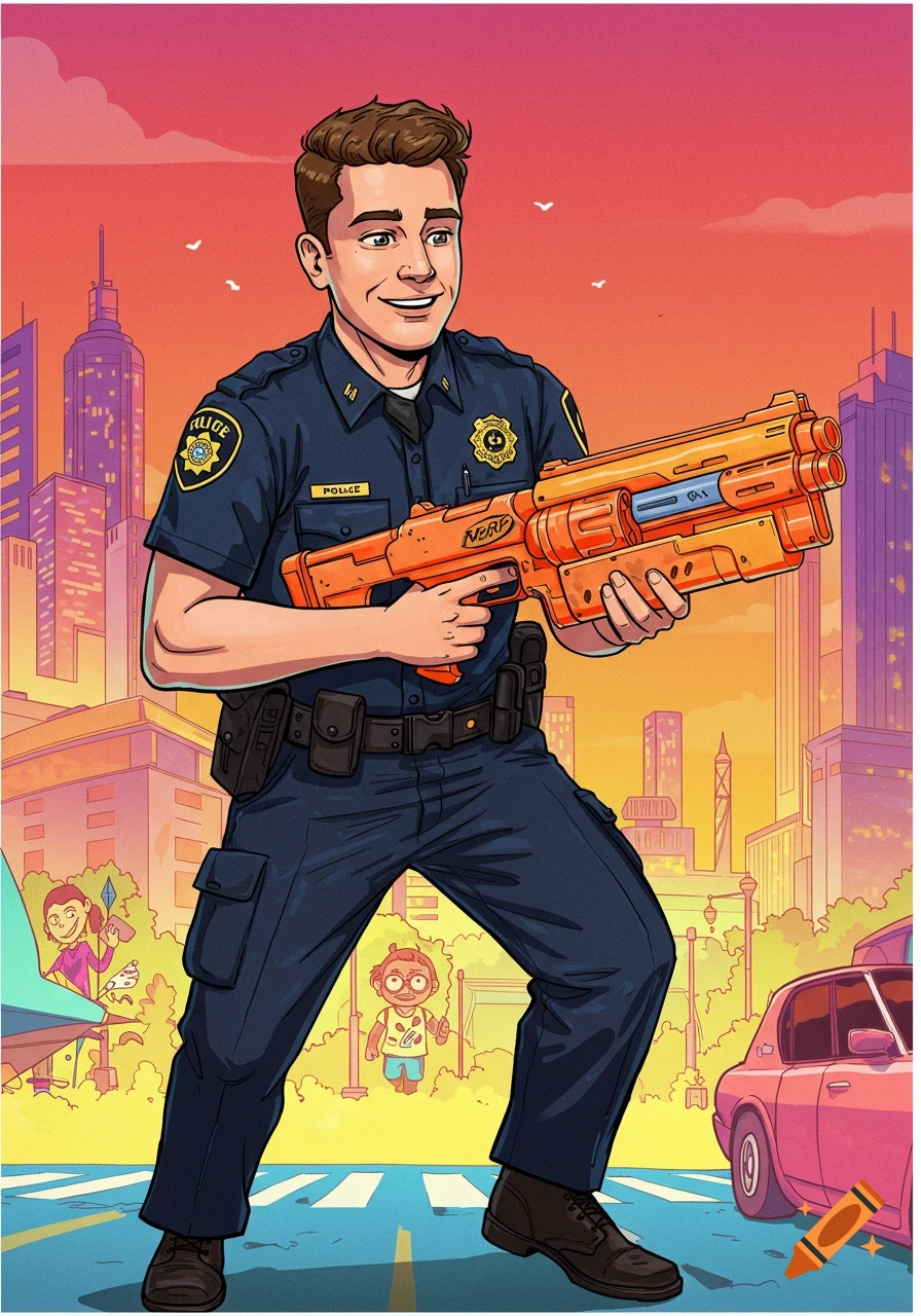 Cartoon police officer holding a large orange Nerf gun in a colorful city scene.