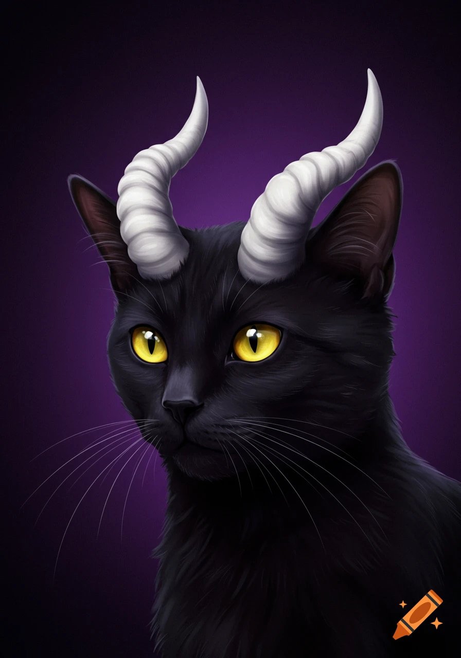 A digital painting of a black cat with white horns and yellow eyes on a ...