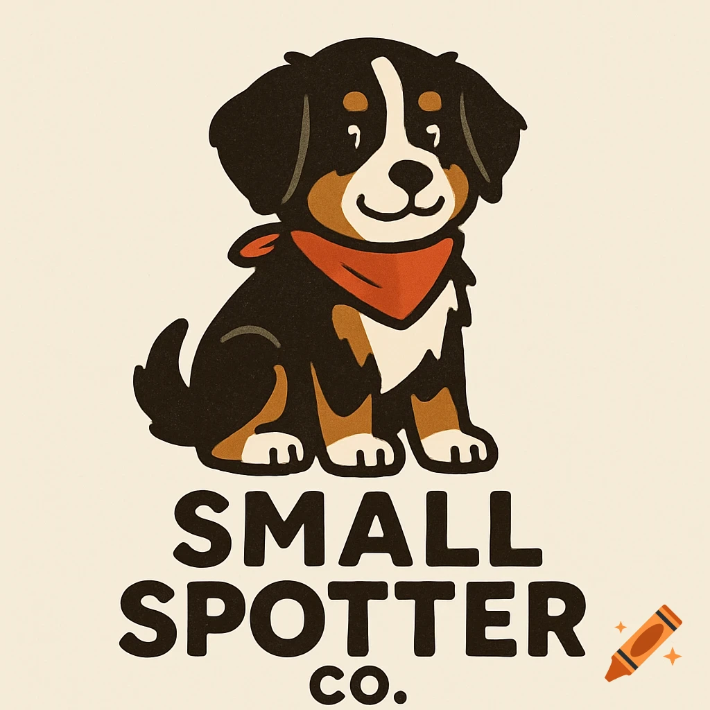 Cartoon Bernese mountain dog puppy logo with the text "SMALL SPOTTER CO."
