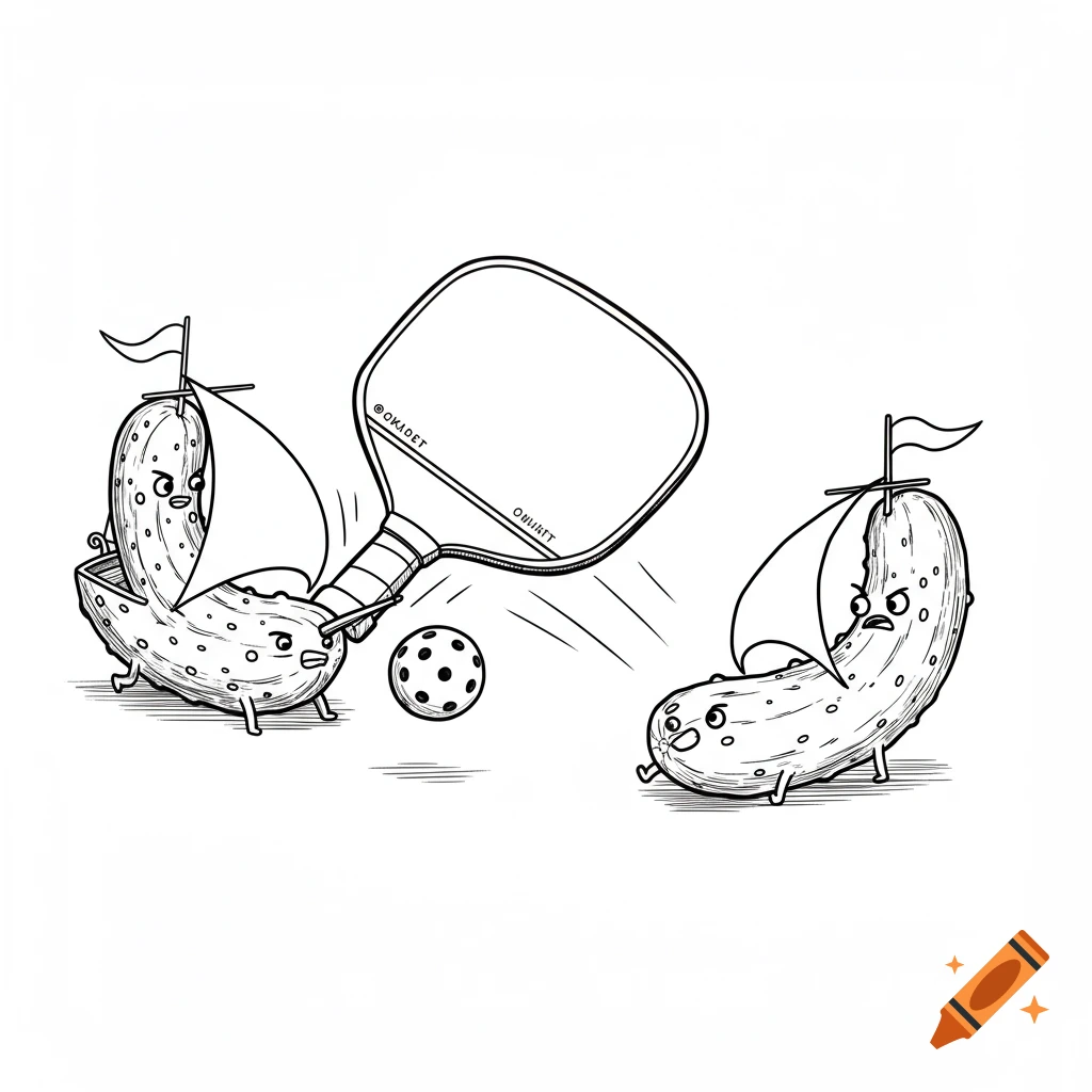 Black and white line drawing of two cartoon pickles shaped like ships playing pickleball.