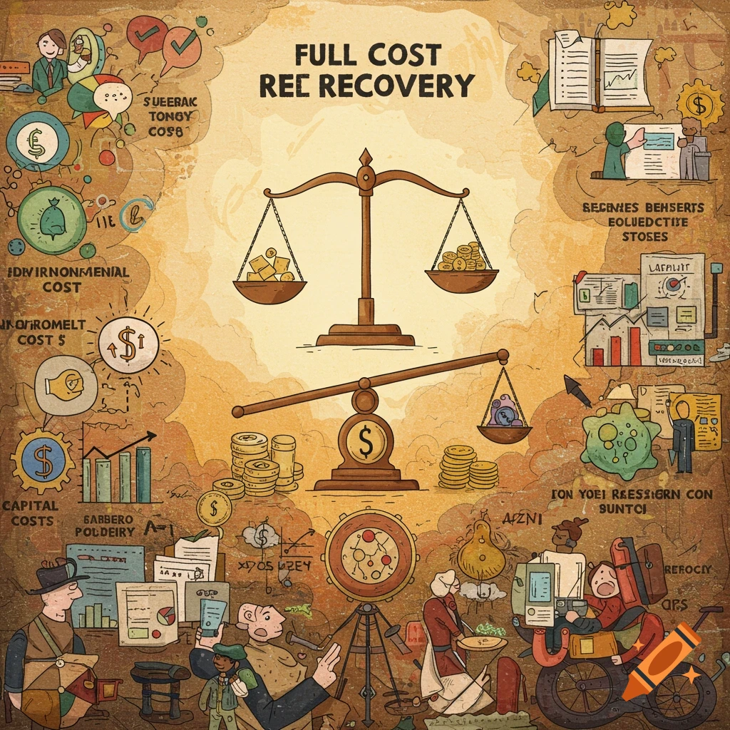 A stylized depiction of economic concepts with a balance scale weighing costs, surrounded by illustrations of people, charts, and monetary symbols.
