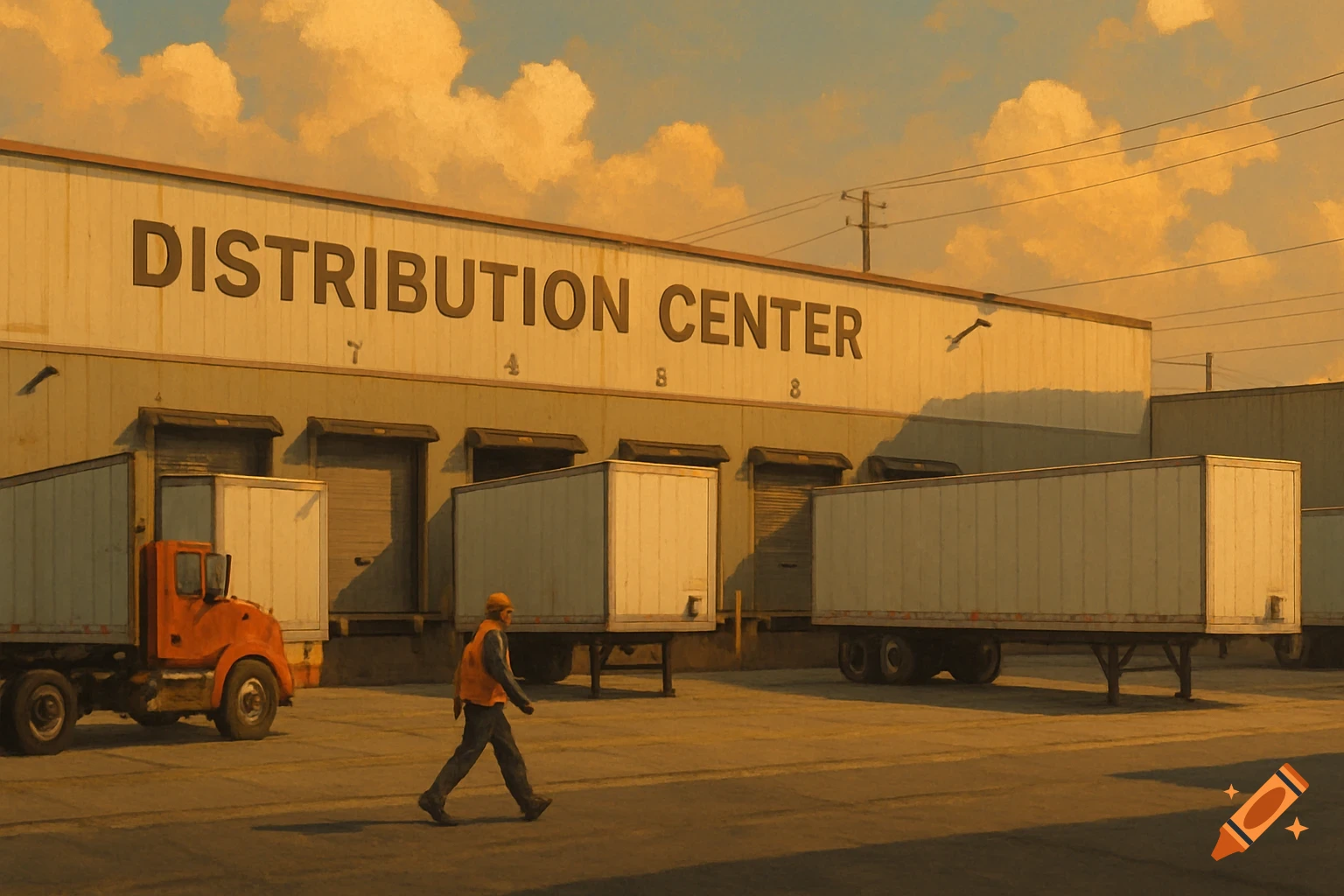 A distribution center with trucks and a person walking at sunset.