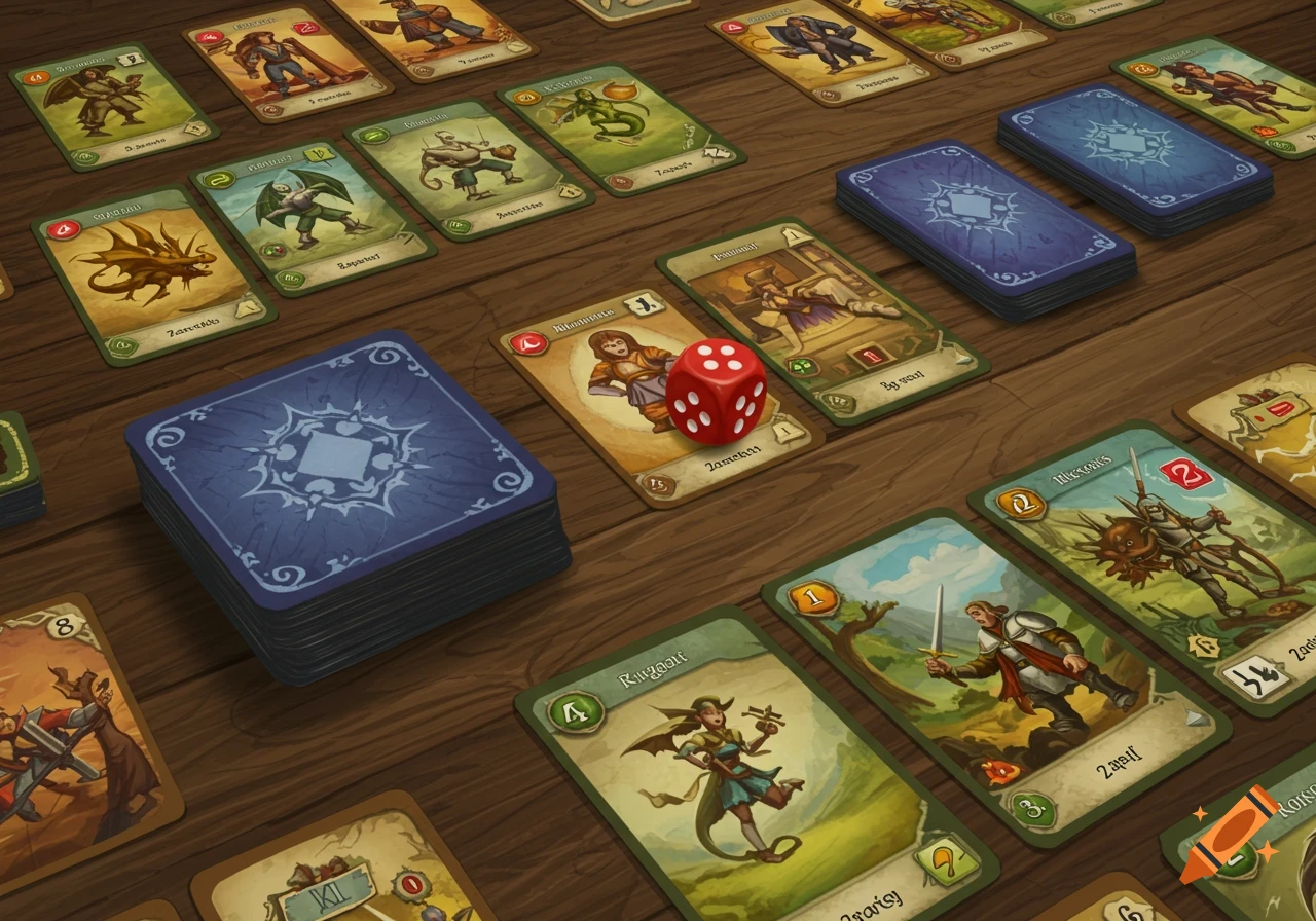 A board game layout with cards and a red die on a wooden table.