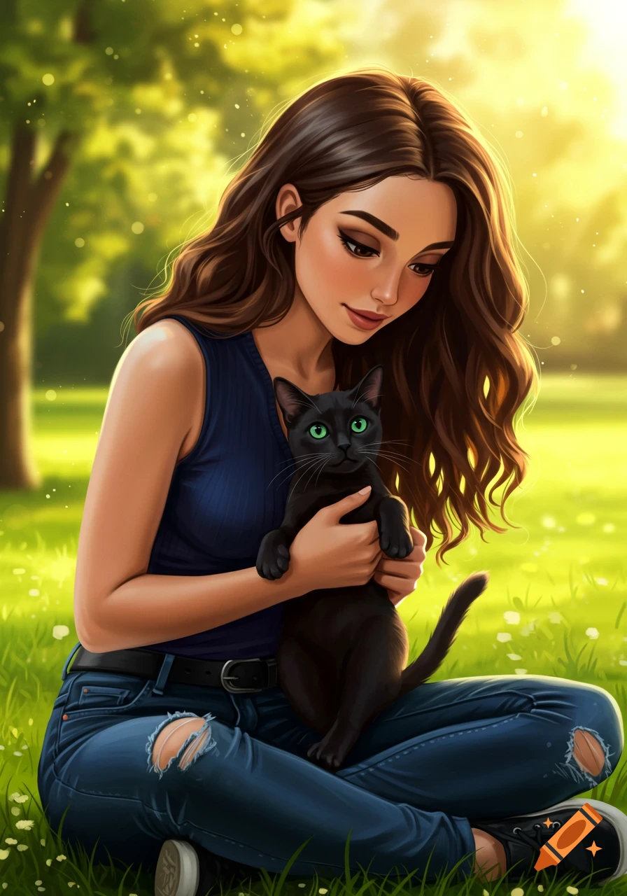 A woman sitting in a park holding a black cat.