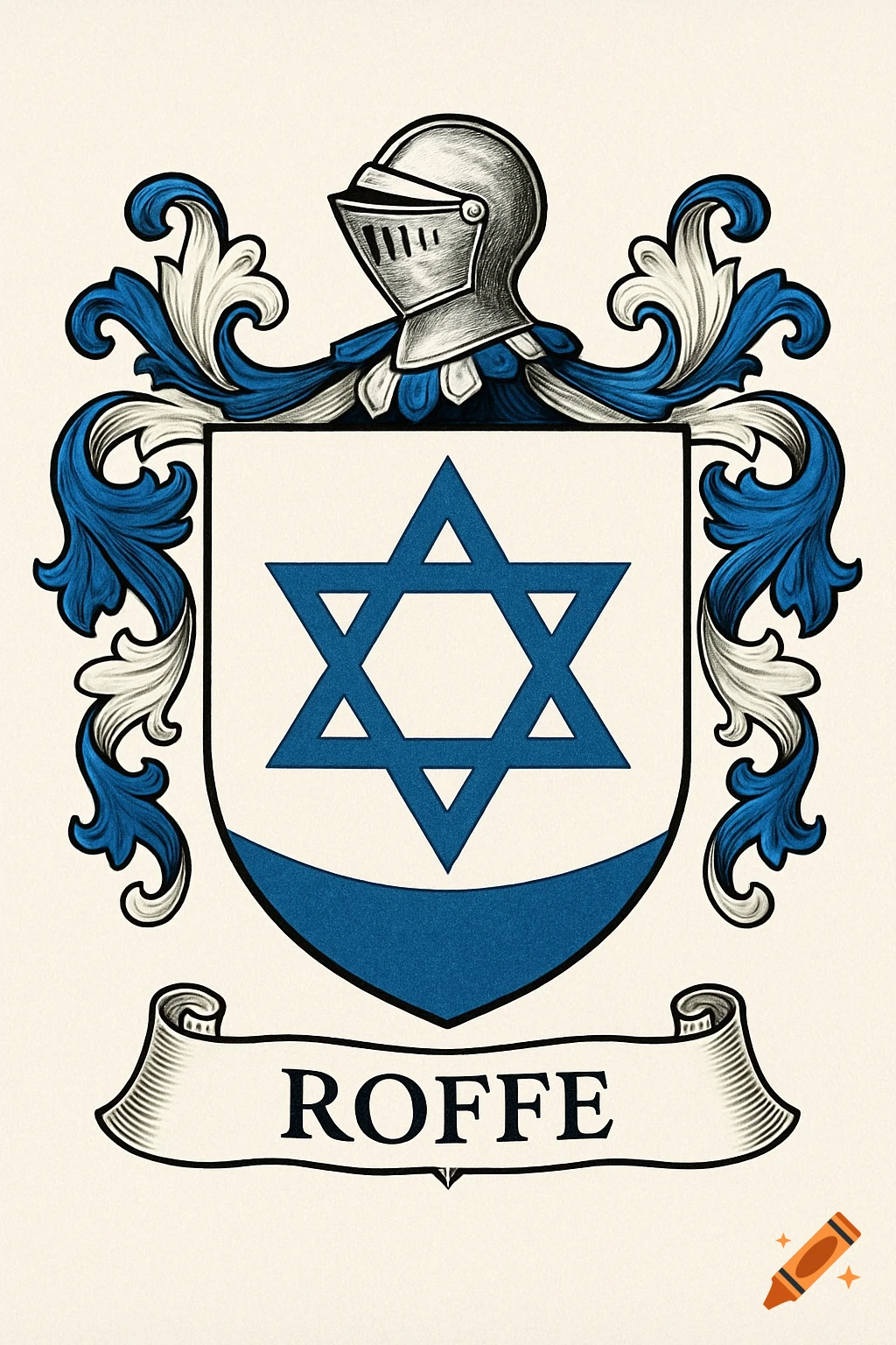 Coat of arms with blue Star of David, knight's helmet, and banner with ROFFE