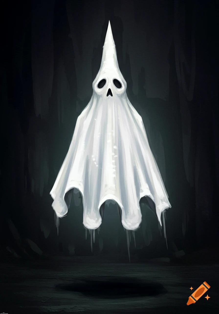A spooky white ghost with a pointy head floats in a dark room.