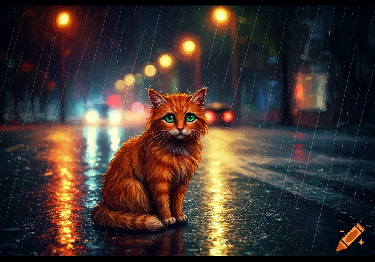 Orange cat sits in the rain on a wet city street with blurred lights in the background
