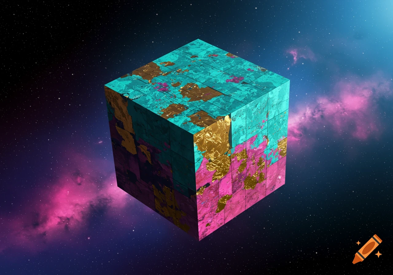 A multi-colored textured cube floats in space amidst nebulae and stars.