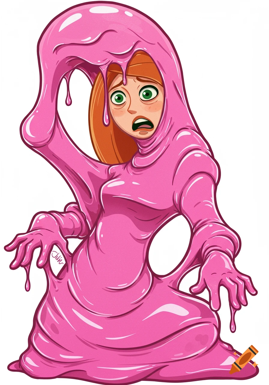 Illustration of a cartoon character covered in glossy pink slime looking scared