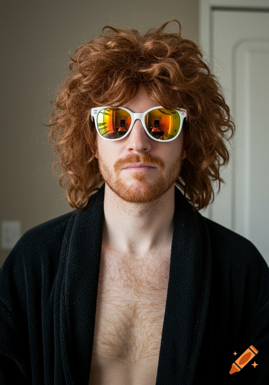 A man with curly red hair and beard wearing sunglasses and a black bathrobe.