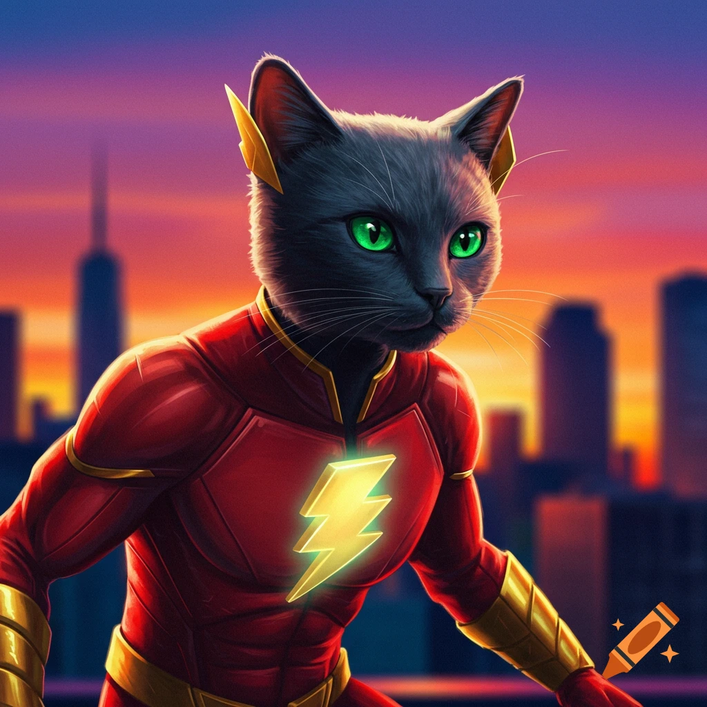 A cat in a red and yellow superhero costume stands before a city skyline at sunset.
