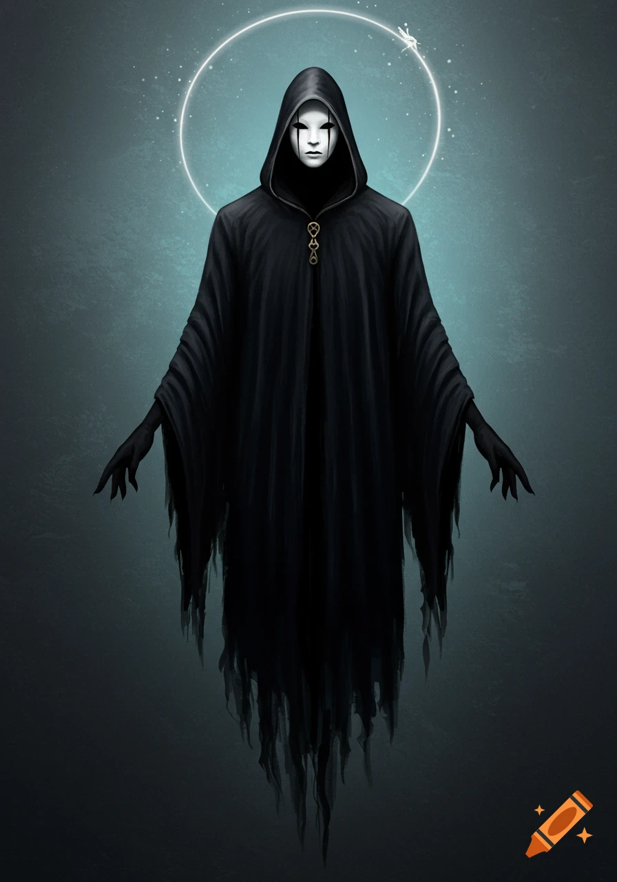 A floating dark figure in a black hooded cloak and white mask, with glowing hands and a halo.