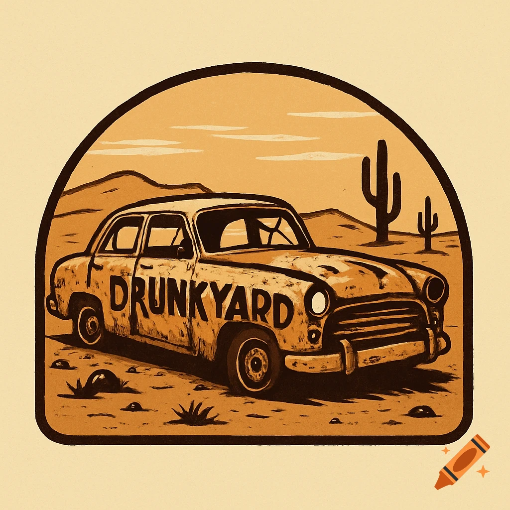 Vintage illustration of a junky car with 'DRUNKYARD' on side in desert landscape, framed in an arch.
