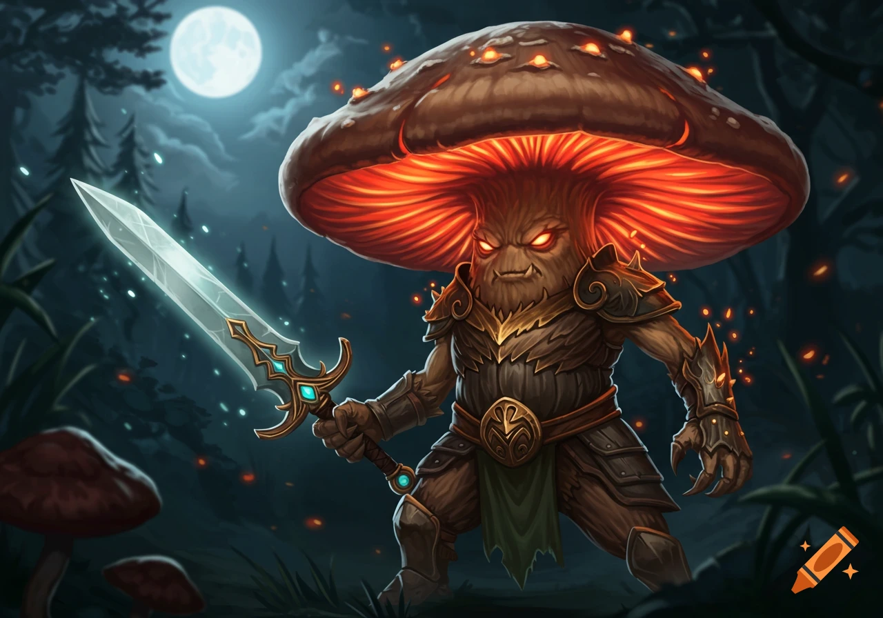 A fierce mushroom warrior in armor holds a glowing sword in a dark forest under a full moon.