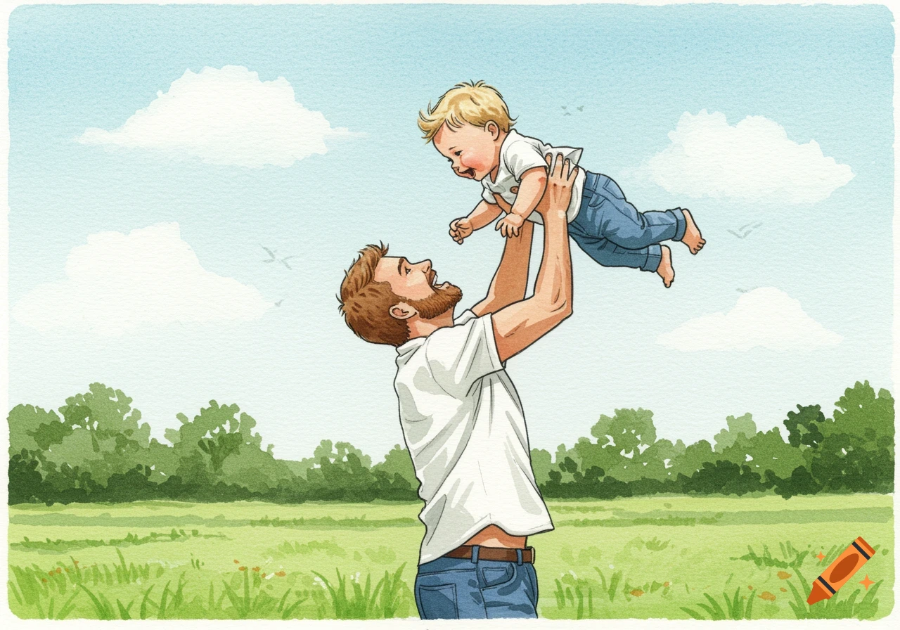 Watercolor illustration of a father tossing his baby boy in the air in a grassy field.