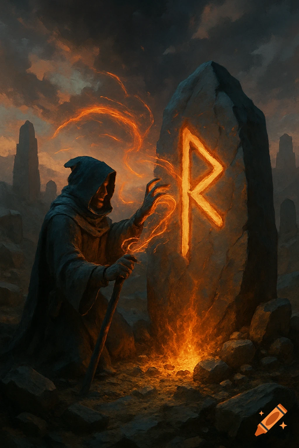 A robed figure casts magic on a glowing rune inscribed on a stone, set within a dark and desolate landscape.