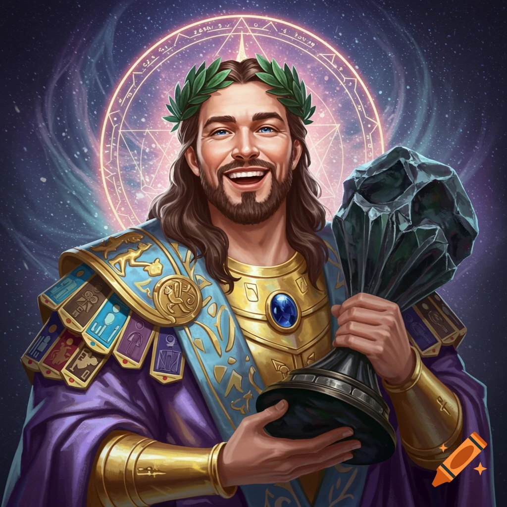 A fantasy man in armor and laurel wreath holds a rock trophy and smiles.