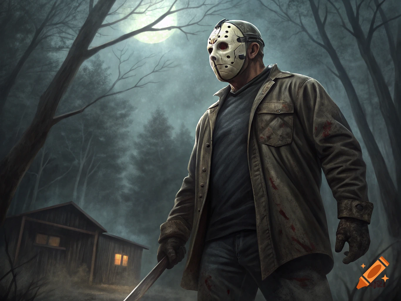 Jason Voorhees in a hockey mask holding a machete in a dark forest under a full moon near a cabin.
