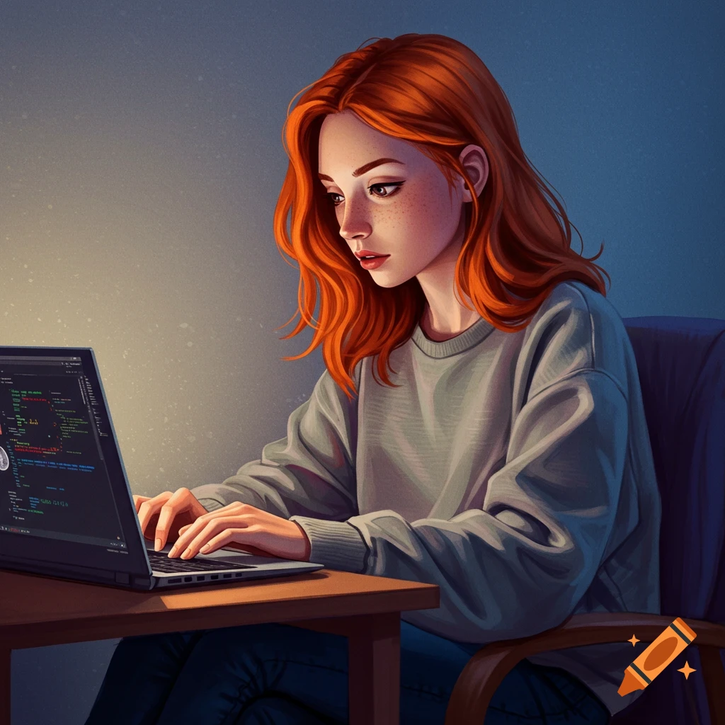 Red-haired woman working on a laptop with code on the screen in a stylized digital illustration.