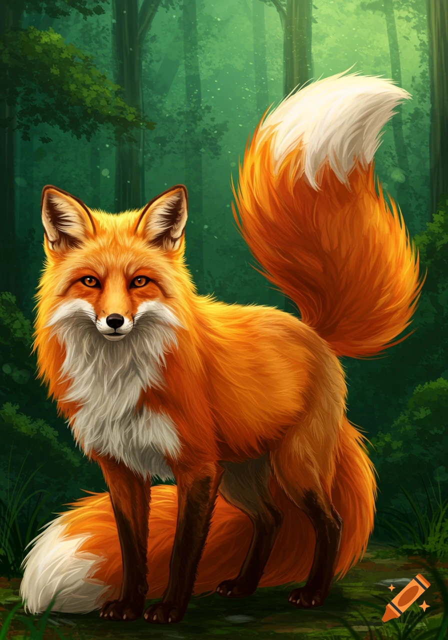 A fox stands in a forest.