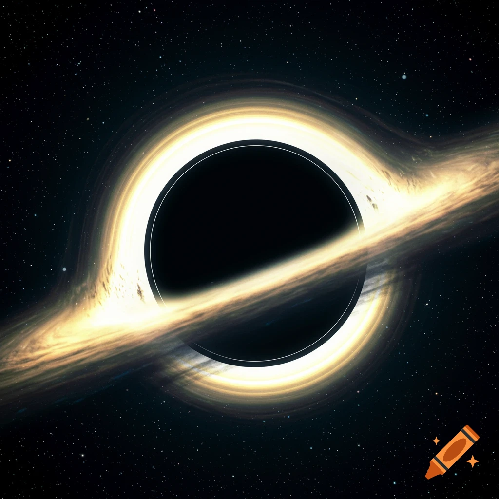 A black hole with a bright accretion disk in space surrounded by stars.