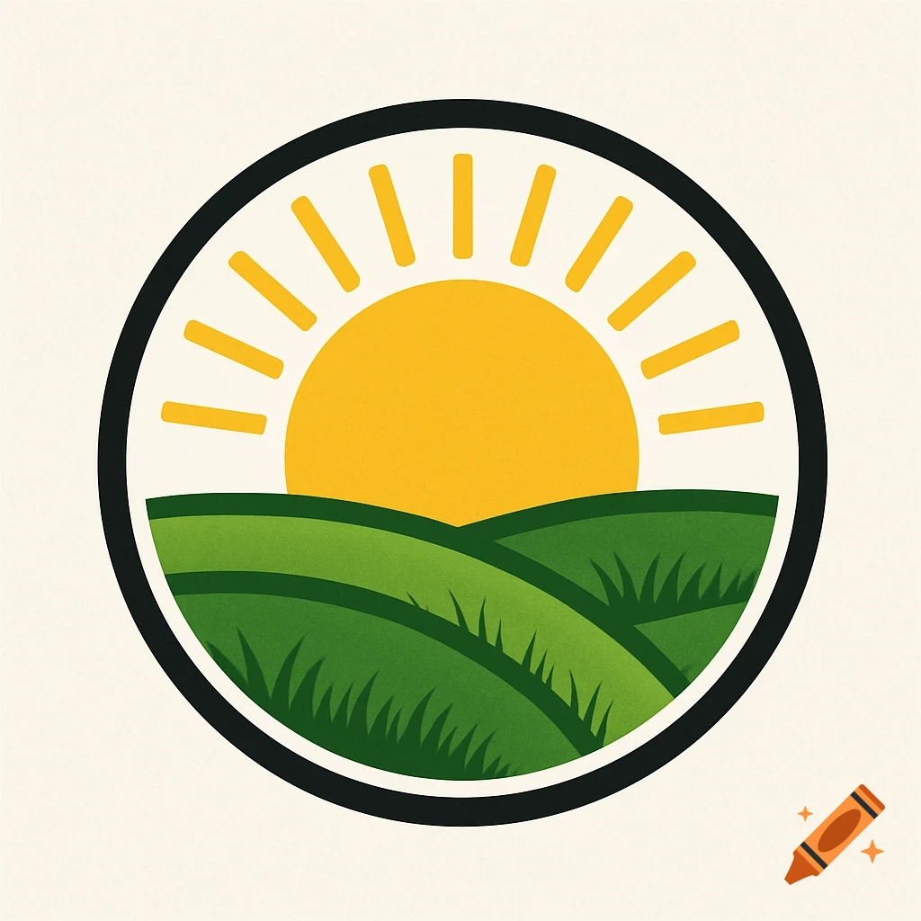 Circular logo with a yellow sun over green rolling hills and grass in an illustration style.