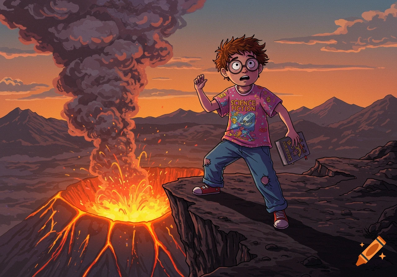 Cartoon boy stands near erupting volcano at sunset in digital painting style.