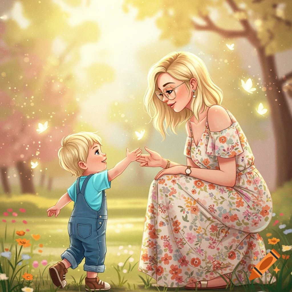 Digital illustration of a mother and child reaching for each other in a sunny park with glowing butterflies.