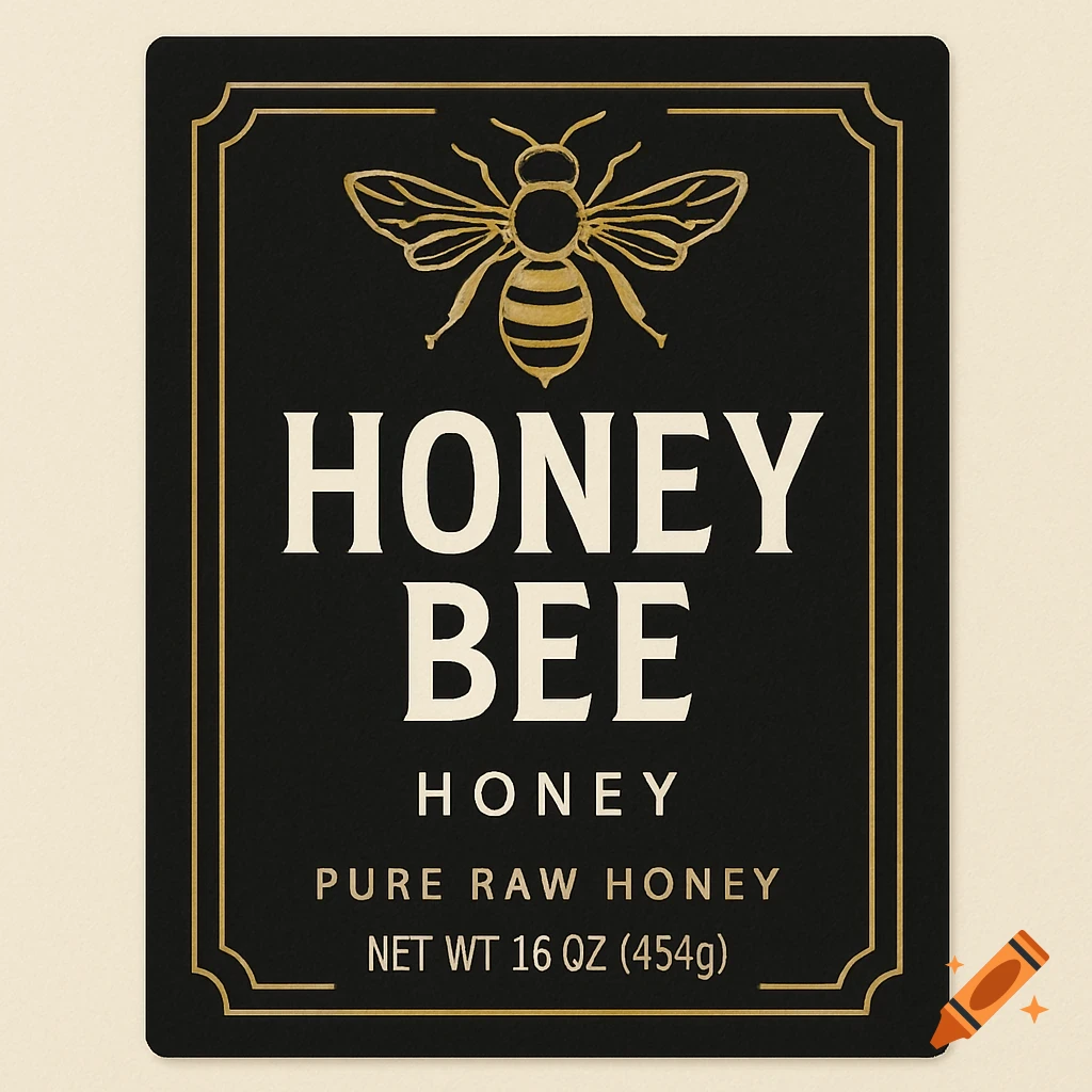 A black label for honey featuring a gold illustration of a bee and gold text.