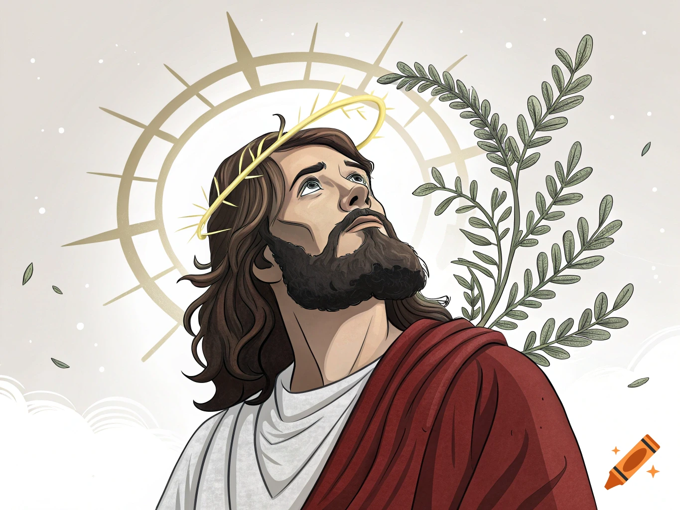 Illustration of Jesus Christ looking up, with a crown of thorns, halo, and red robe