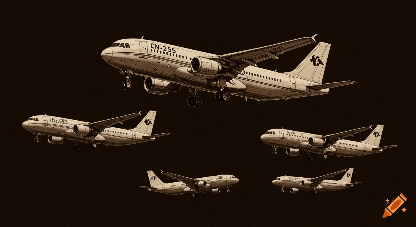Sepia sketch of multiple airplanes on a dark background