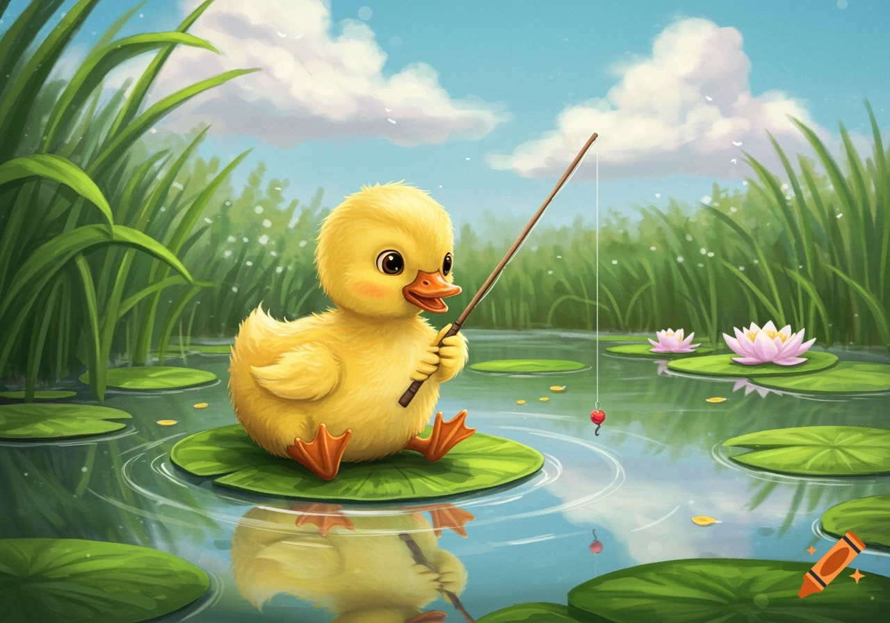 A cute yellow baby duck sits on a lily pad fishing in a pond with lotus flowers. Illustration.