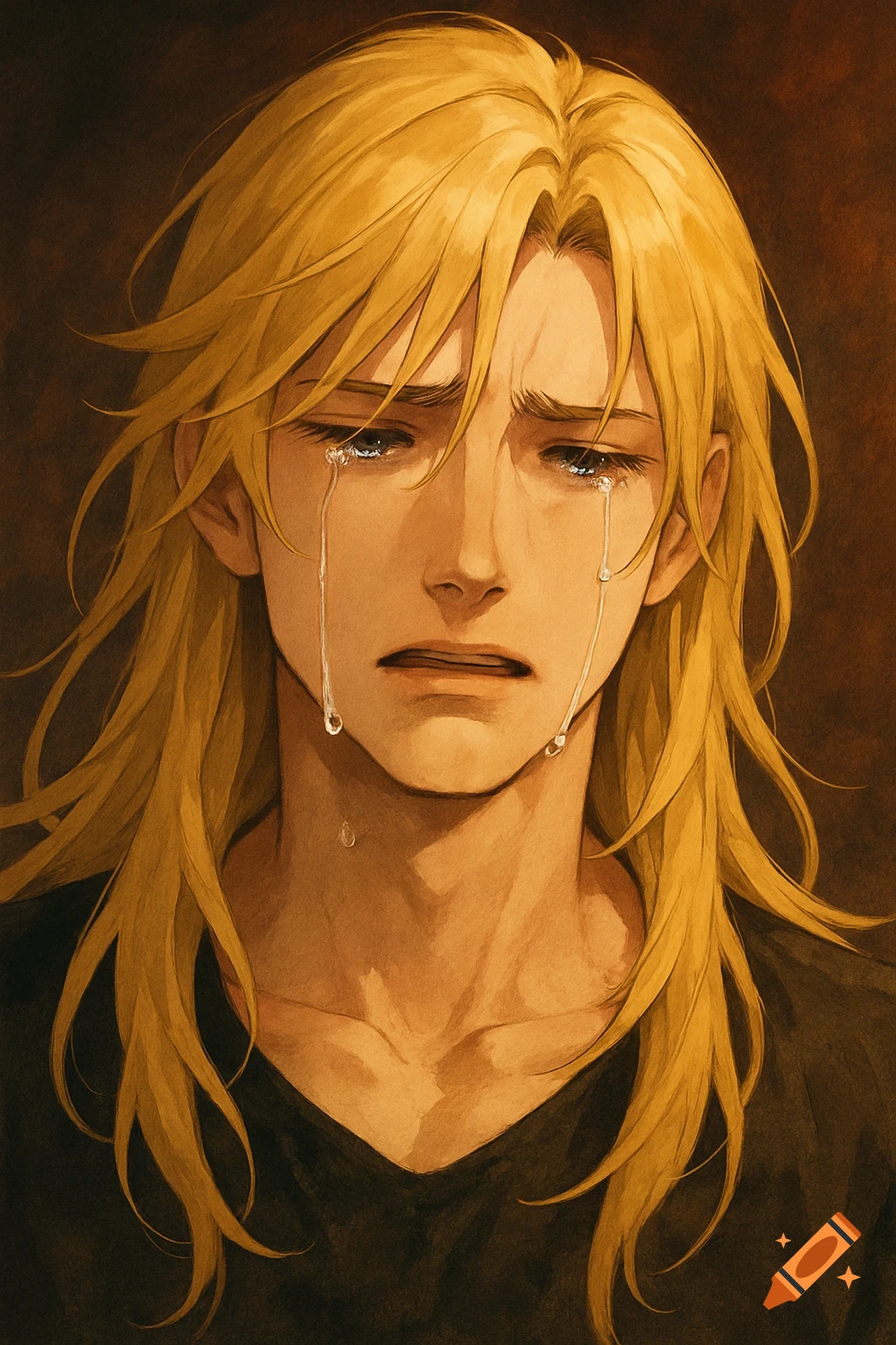 Anime portrait of a handsome man with long blonde hair crying.