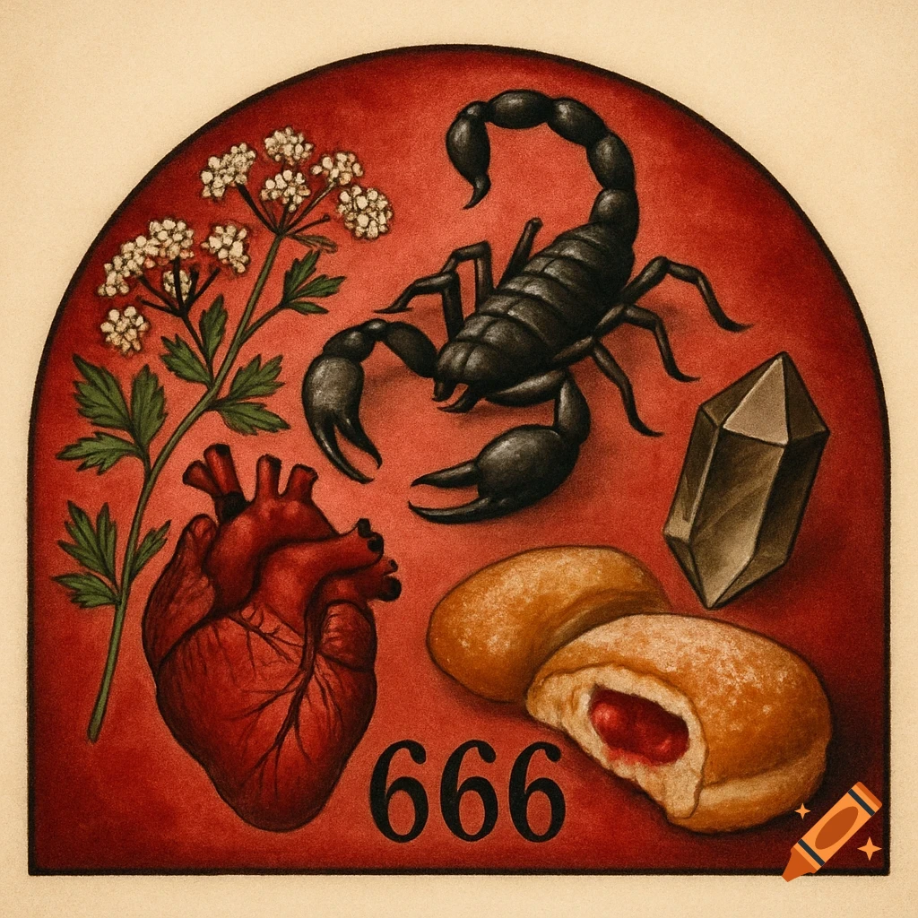 Illustration of a scorpion, heart, plant, crystal, donuts, and the number 666 in a red semi-circle frame.