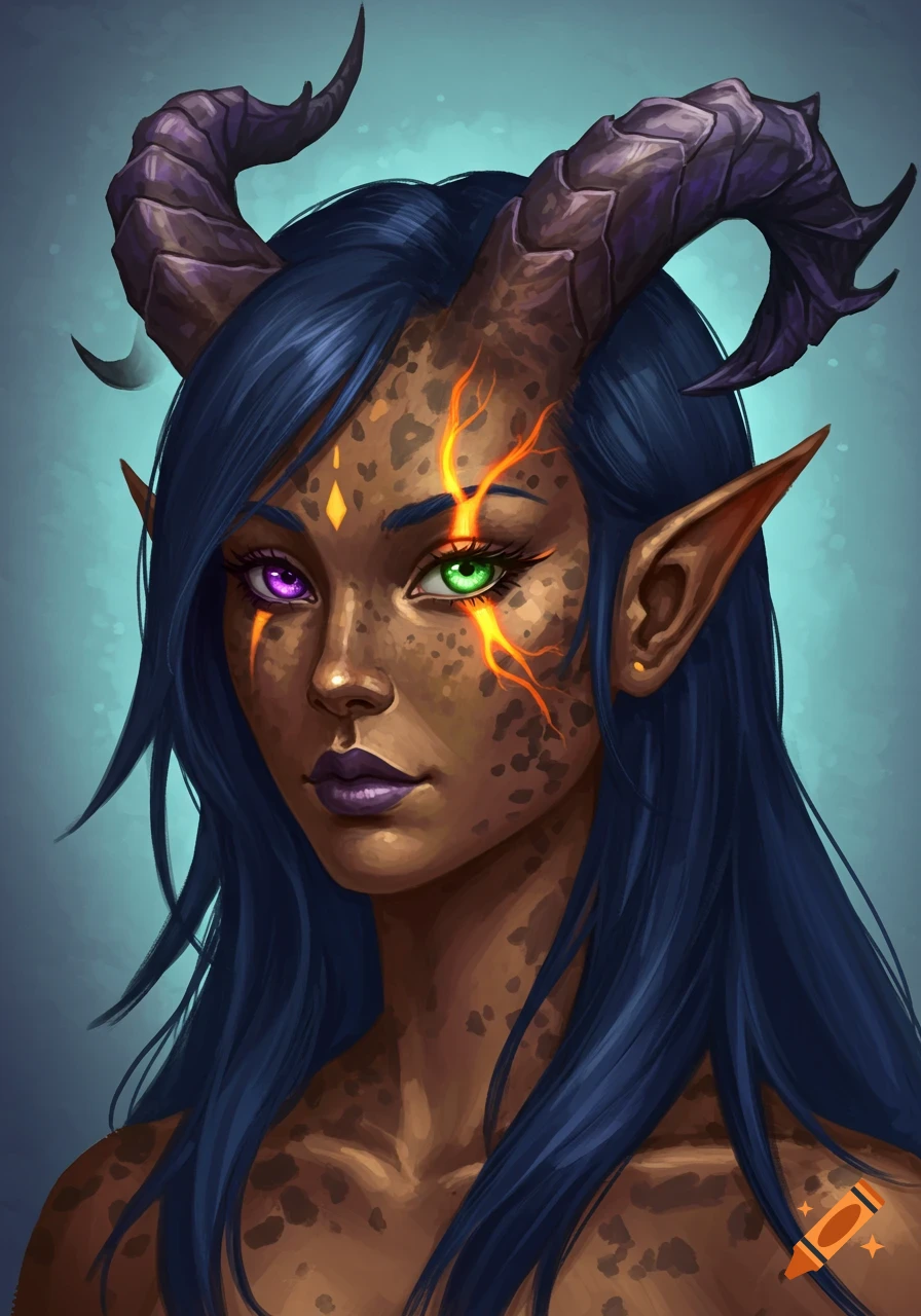 Digital painting portrait of a female tiefling with tortoiseshell skin, horns, and heterochromia.