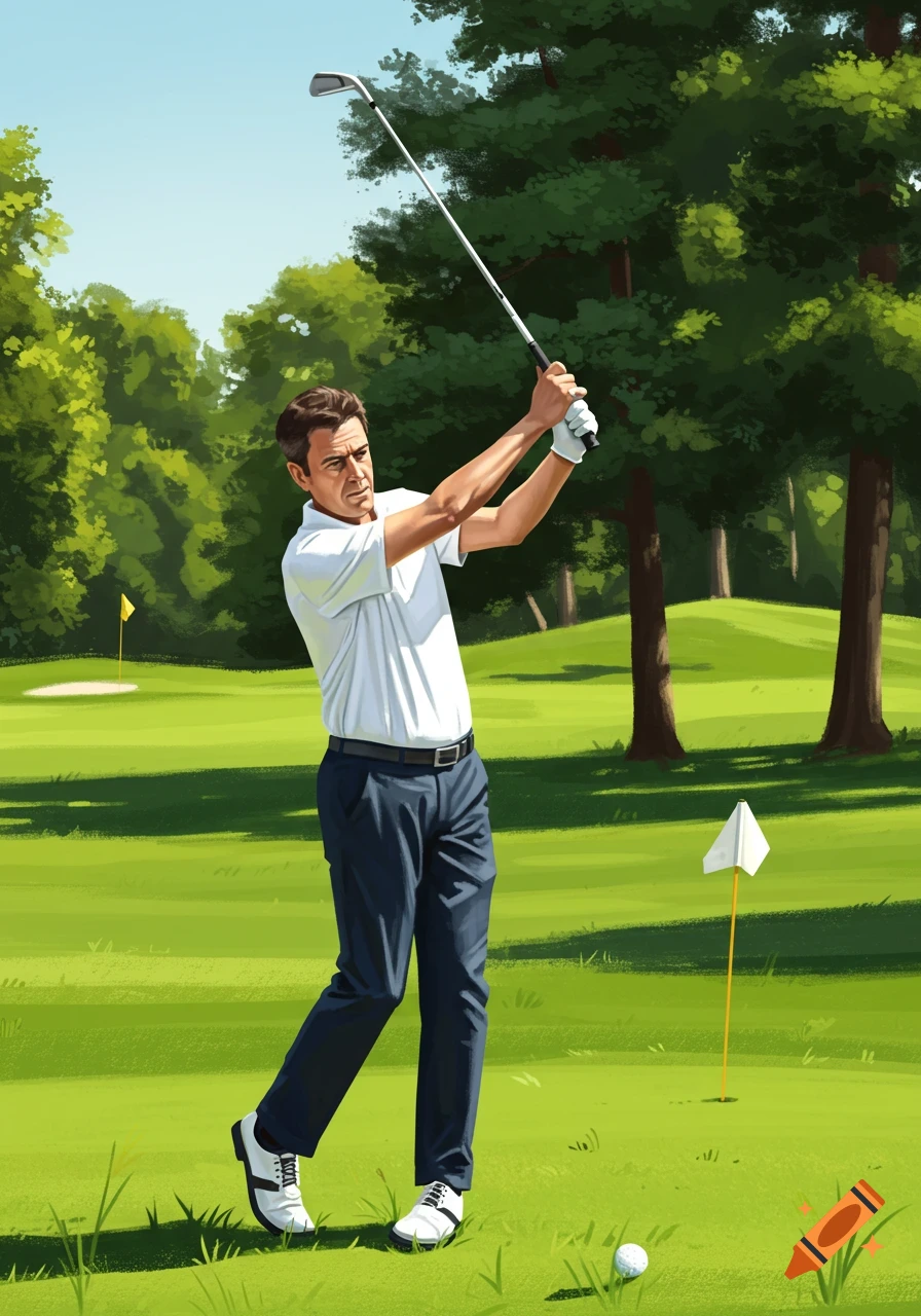 A man swings a golf club on a green course.