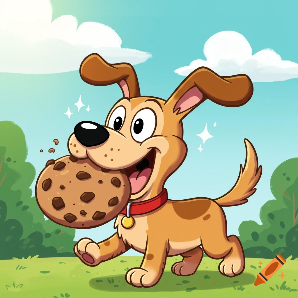 Cartoon dog with a cookie in its mouth walking in a park.
