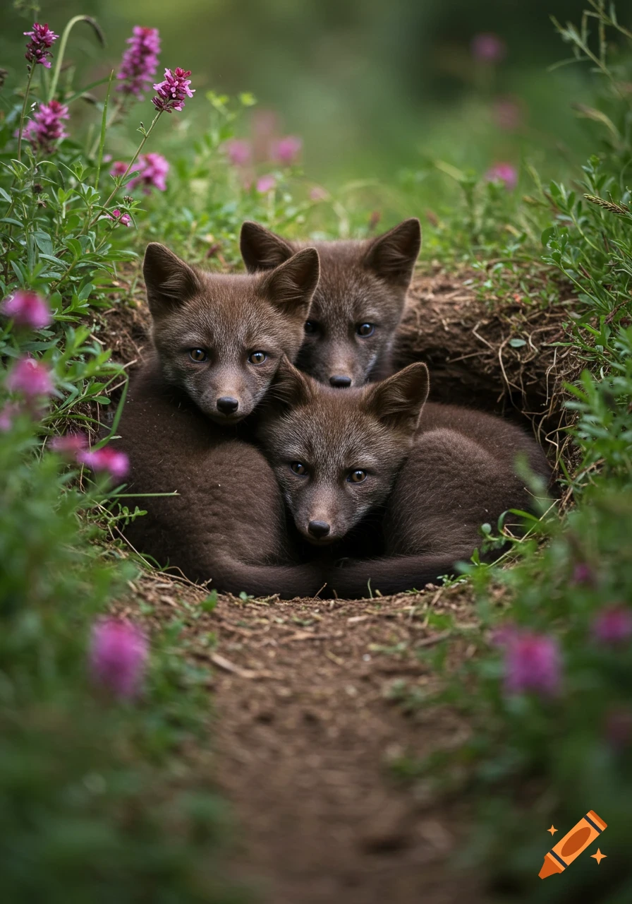 Three brown fox kits peer out from the entrance of their den, surrounded by greenery and purple flowers.