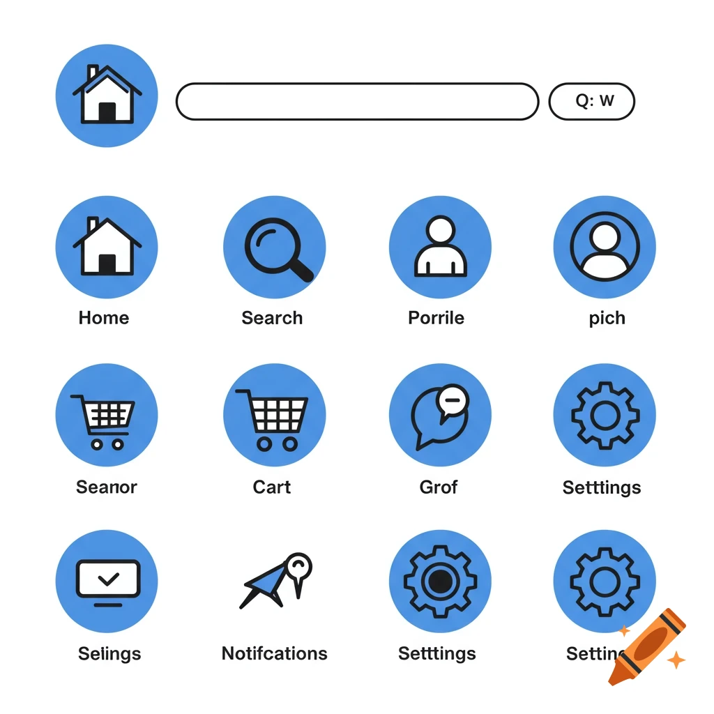 A grid of blue circular UI icons including home, search, profile, cart, chat, and settings, with text labels.