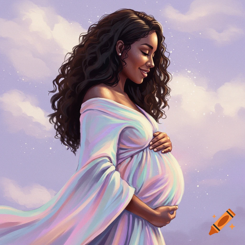 A pregnant woman in a flowing dress holding her belly against a sky background.